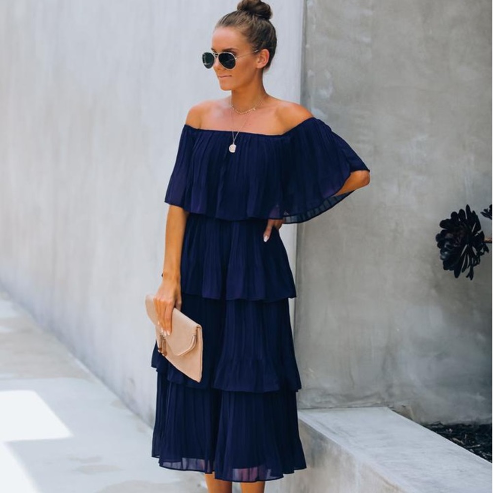 Vici Navy Off-Shoulder Midi Dress